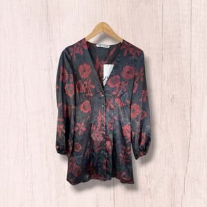 NWT ZARA Floral Jacquard Long Sleeve Babydoll Mini Dress Black Red XS Whimsigoth